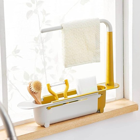 Telescopic Sink Storage Rack,Adjustable Length, Drain Basket Plastic and Sponge - Picture 1 of 11